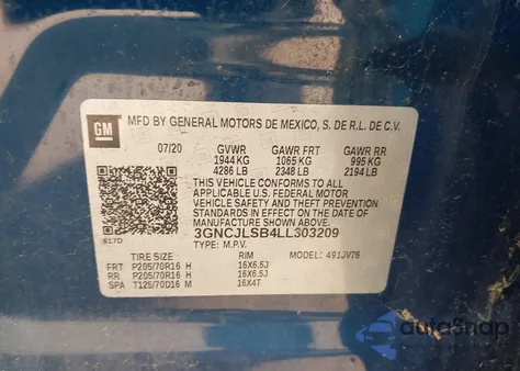 2020 Chevrolet Trax Fwd Lt from USA, damaged, VIN 3GNCJLSB4LL303209